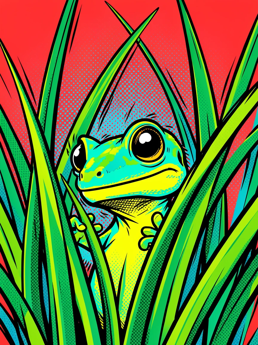 A gecko peeking curiously from behind tall grass
