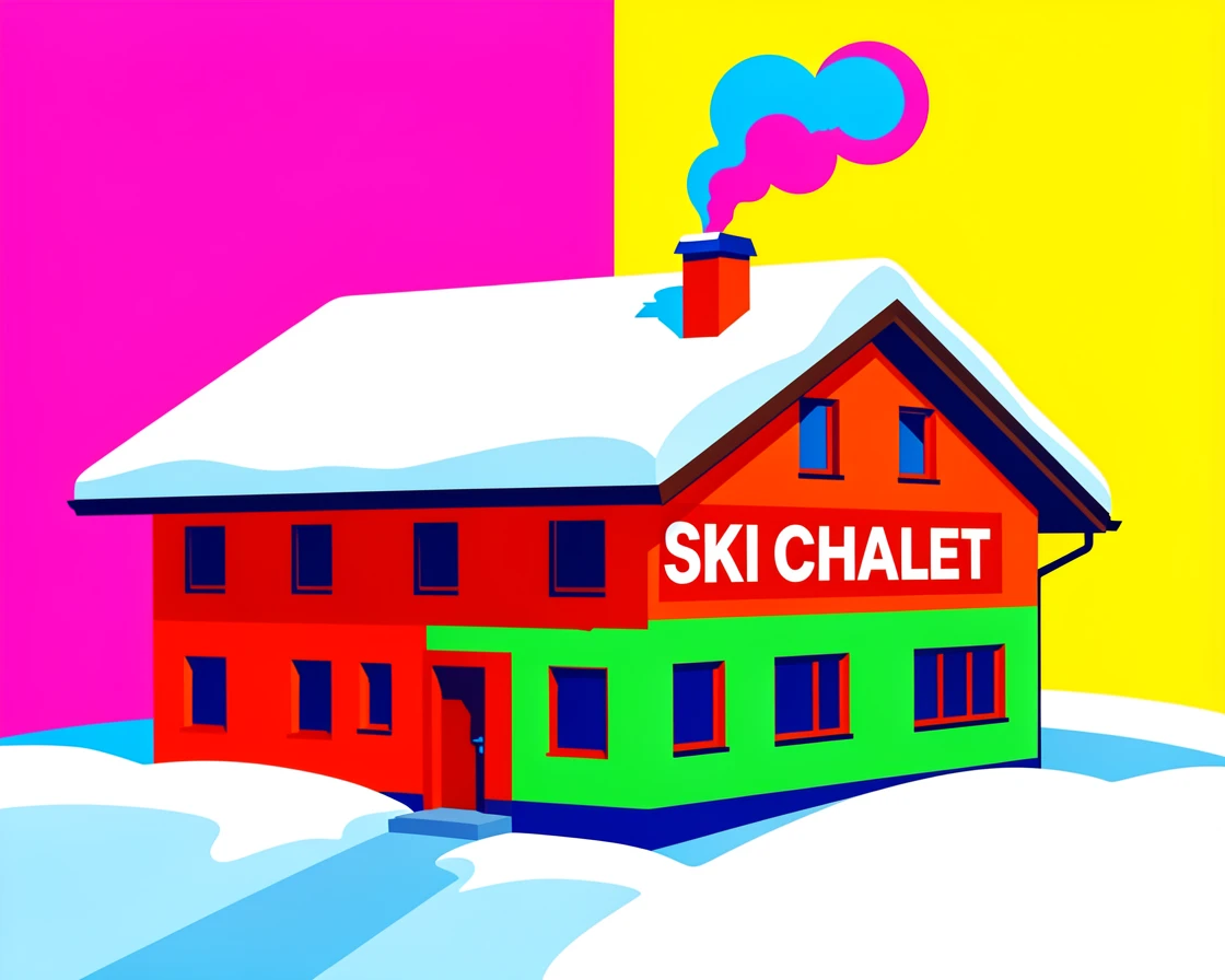 Snow-covered ski chalet with smoke rising from the chimney