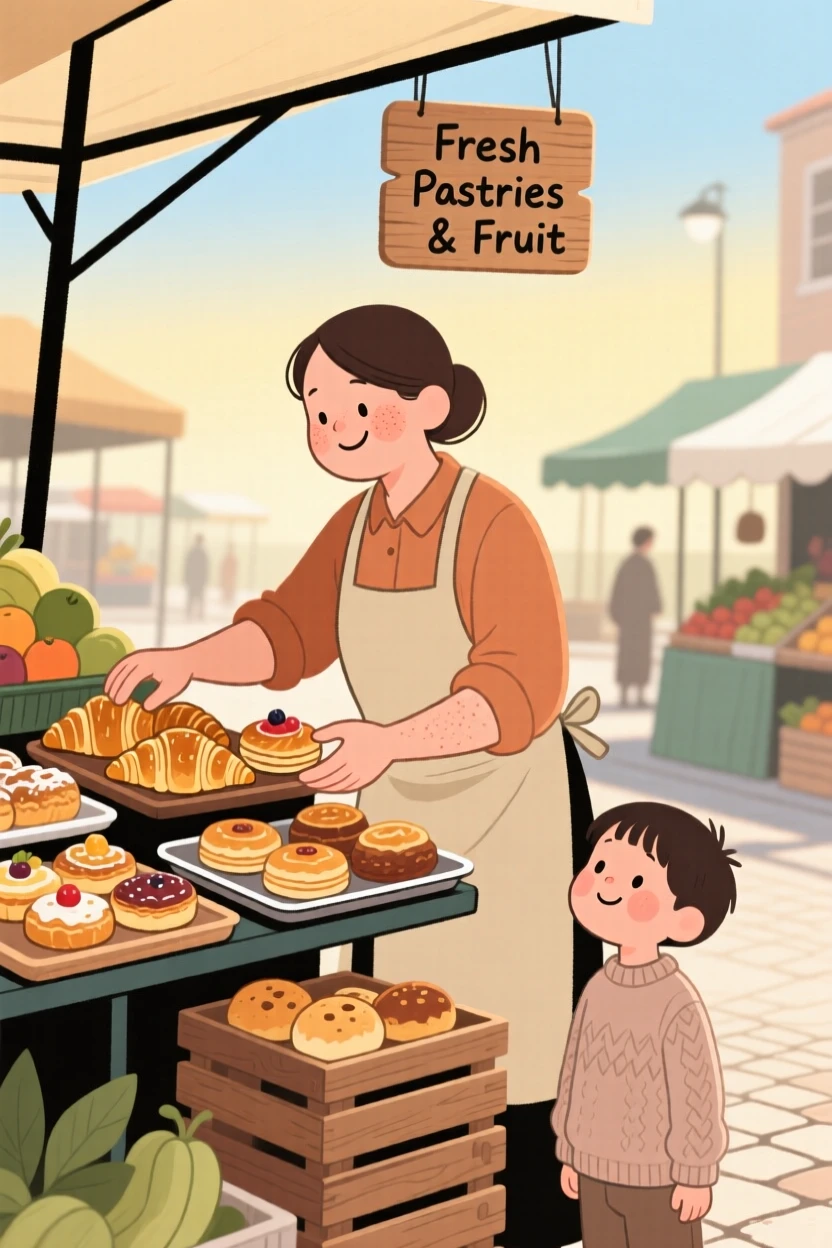 A fruit vendor arranges trays of pastries at a bustling street market, greeting a curious child with a warm smile in the morning sun.