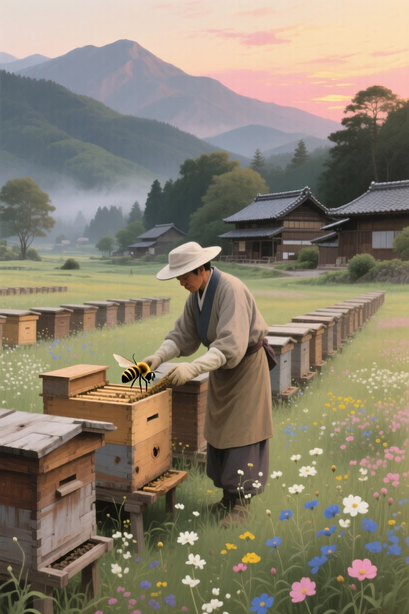 A medium shot of a beekeeper tending rows of wooden hives in a flowering meadow, in a Japanese mountain village, just after sunrise.