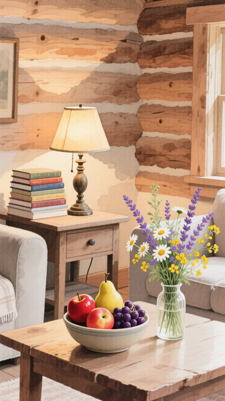 A charming view of a rustic cabin living room, with a stack of books piled beside a lamp, featuring a bowl of fresh fruit and wildflowers
