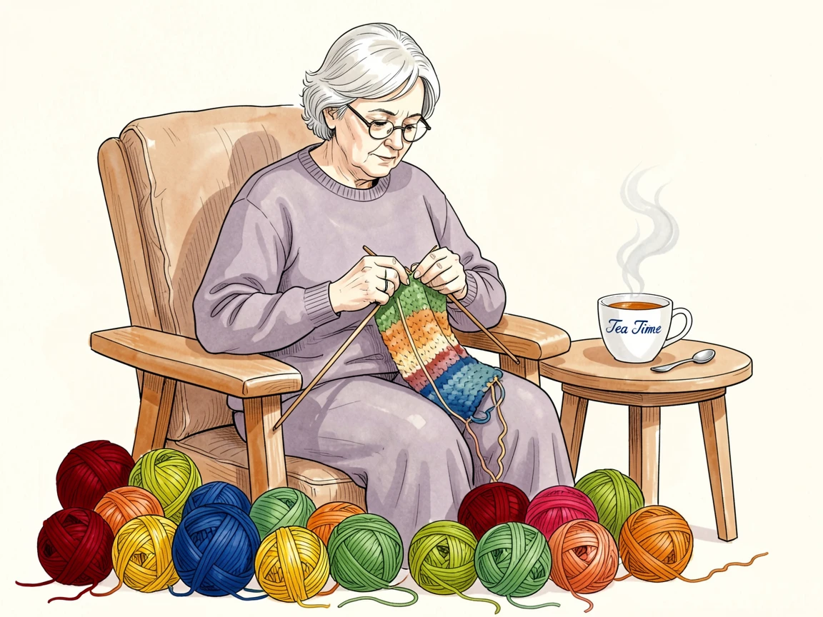 A knitter surrounded by balls of colorful yarn, needles clicking beside a cup of tea