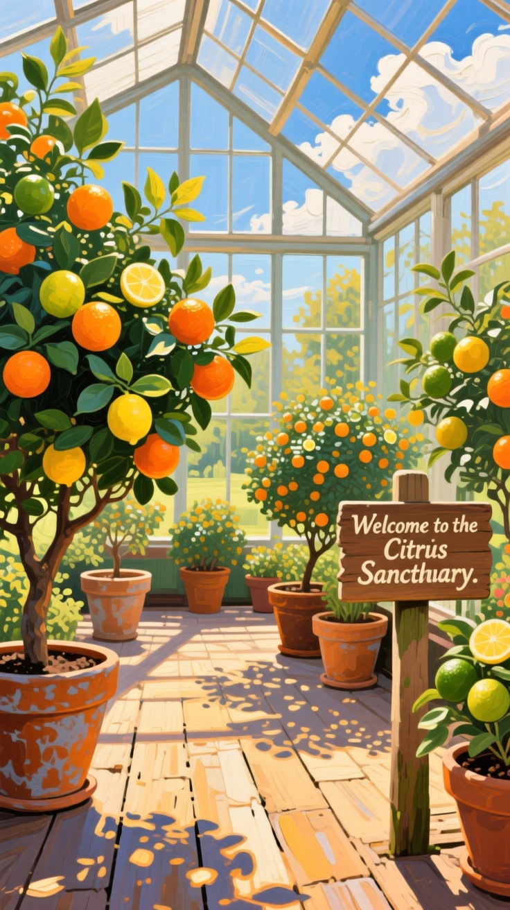 a greenhouse filled with potted citrus trees, at the height of summer, with a balanced, spacious view of the surroundings.