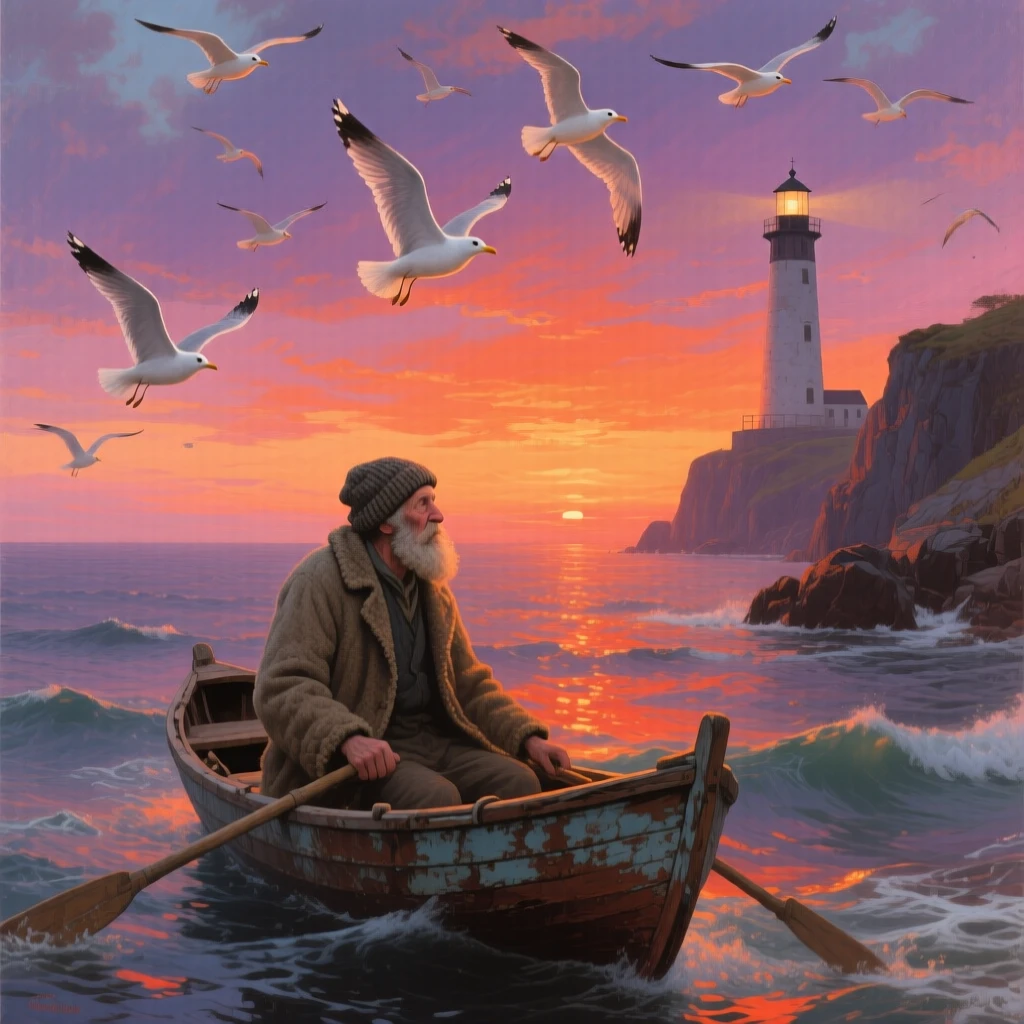 An old lighthouse keeper sails toward an ocean horizon glowing at dusk as gulls cry overhead.