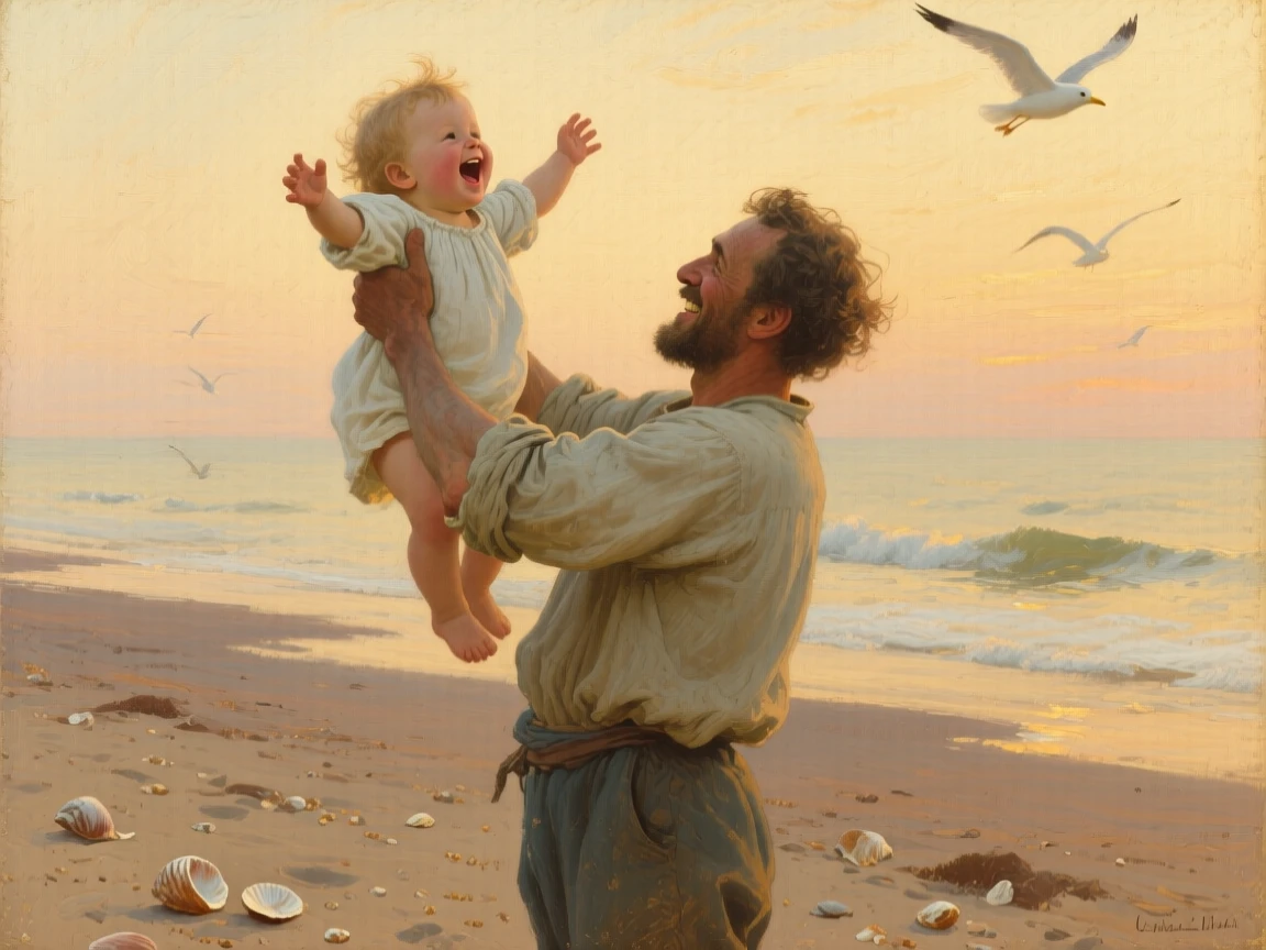 A father lifting his laughing toddler high into the air on a beach, framed closely to draw focus to their heartfelt expression, celebrating the quiet dignity found in everyday human life
