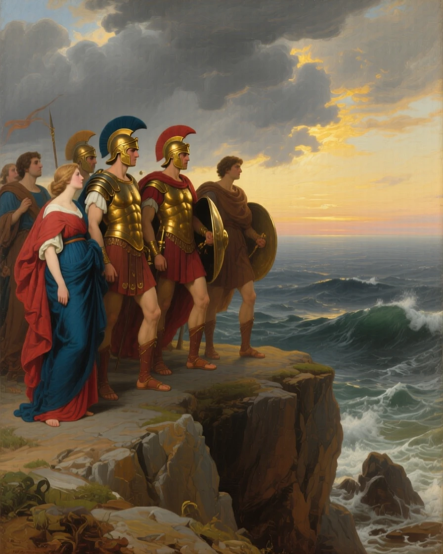 A band of Spartan warriors bidding farewell to their families at dawn as golden light breaks through the clouds above, set atop a cliff overlooking a stormy sea, with gilded armor catching the light and rich fabrics billowing in the wind; the horizon splits the scene between earthly struggle and divine light, capturing the timeless clash of glory and mortality.