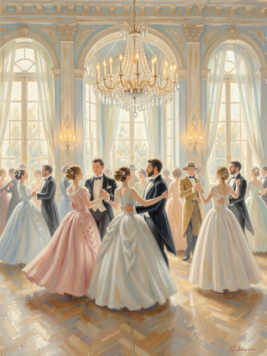 A grand ballroom filled with elegantly dressed dancers beneath a sparkling chandelier in the 1800s.