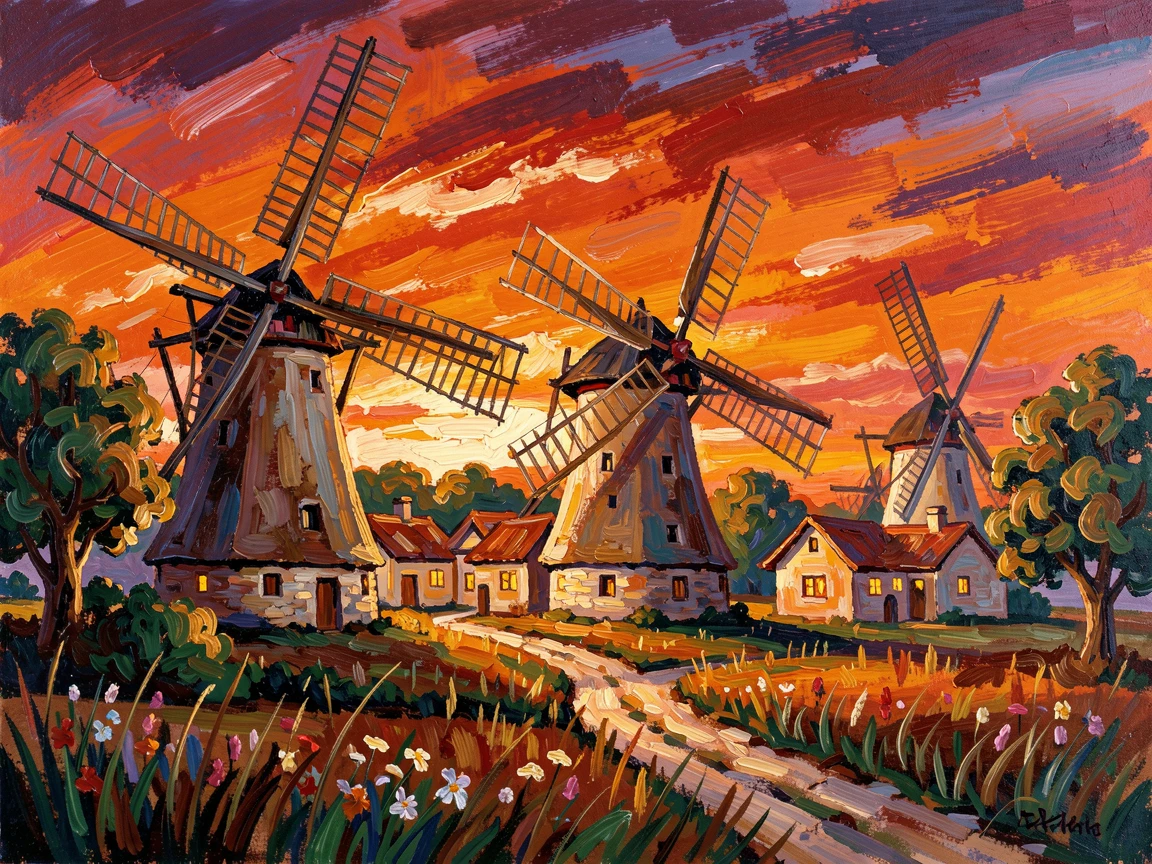A quiet windmill village at sunset, sails turning slowly against an orange sky.