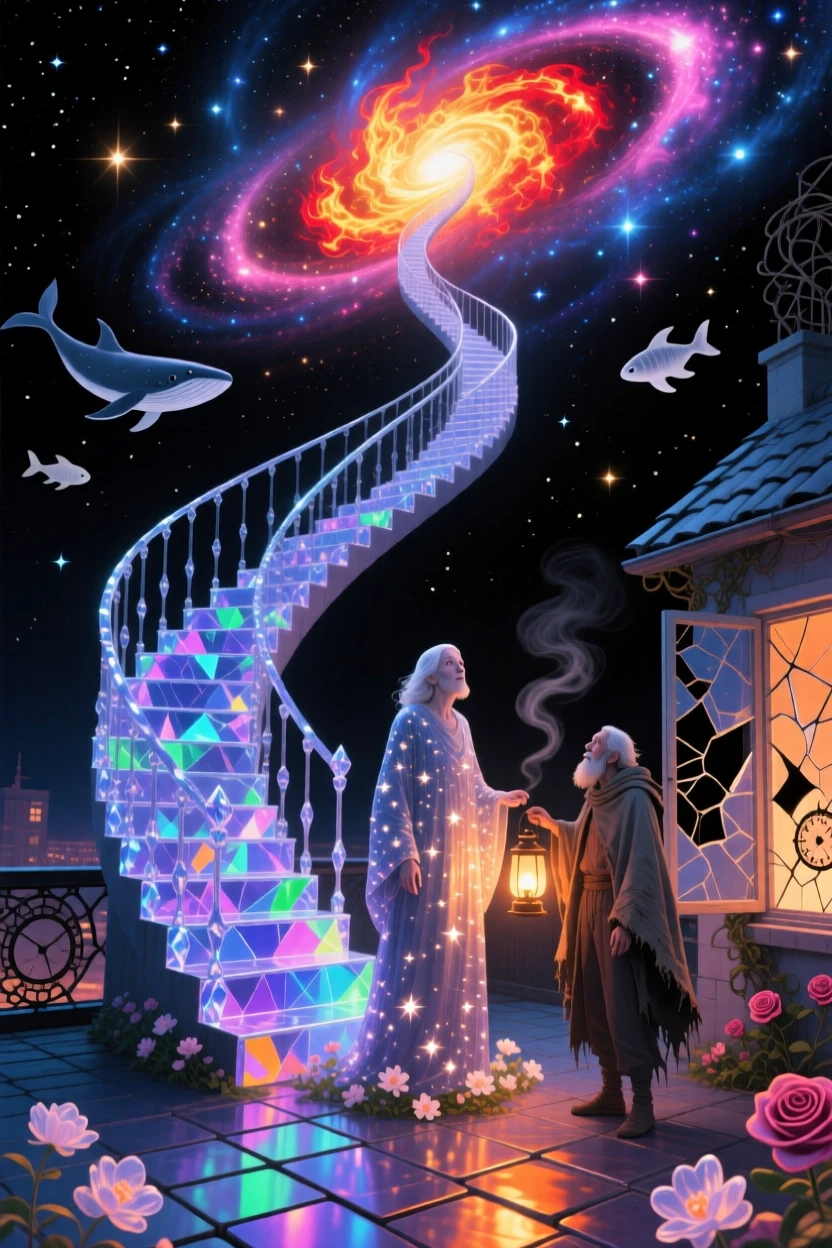 A staircase leading directly from a rooftop into the Milky Way illuminates a single figure standing in awe beneath it, while a lone traveler watches from an open window.