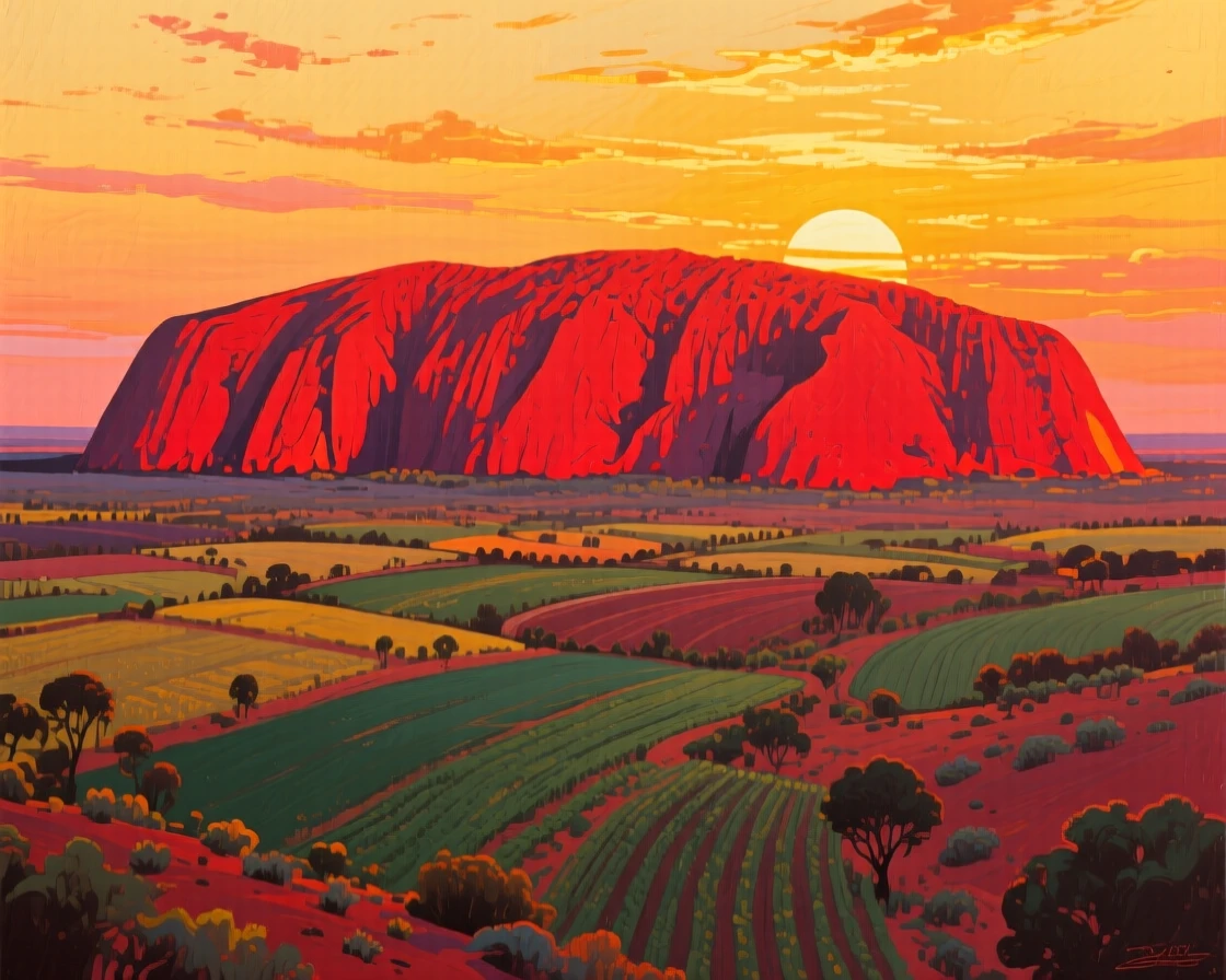 Uluru glowing deep red as the desert sun sets, bathed in golden sunset light, terraced fields spreading out below