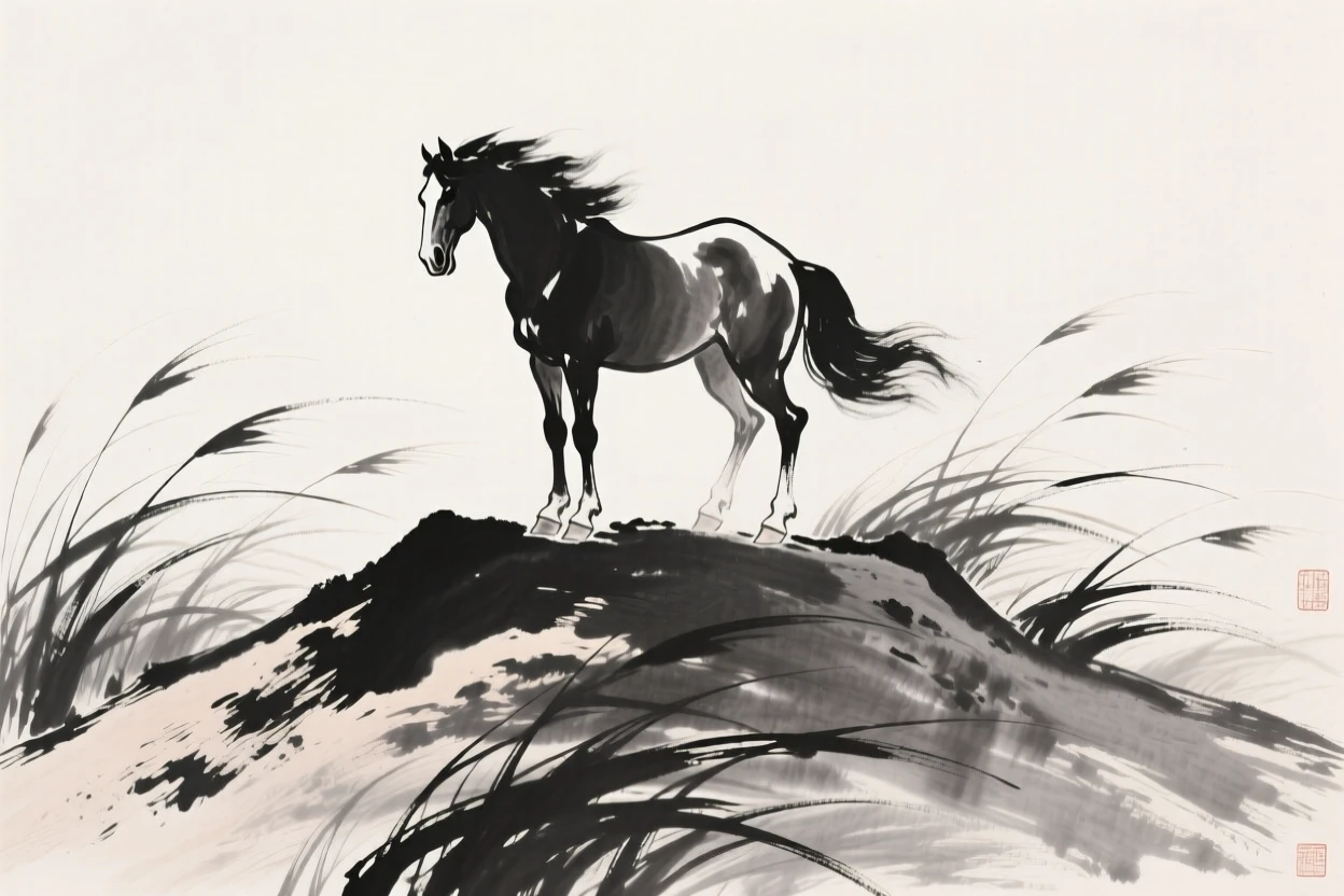 A lone horse stands silhouetted atop a windswept hill, with wind bending the tall grass around them.