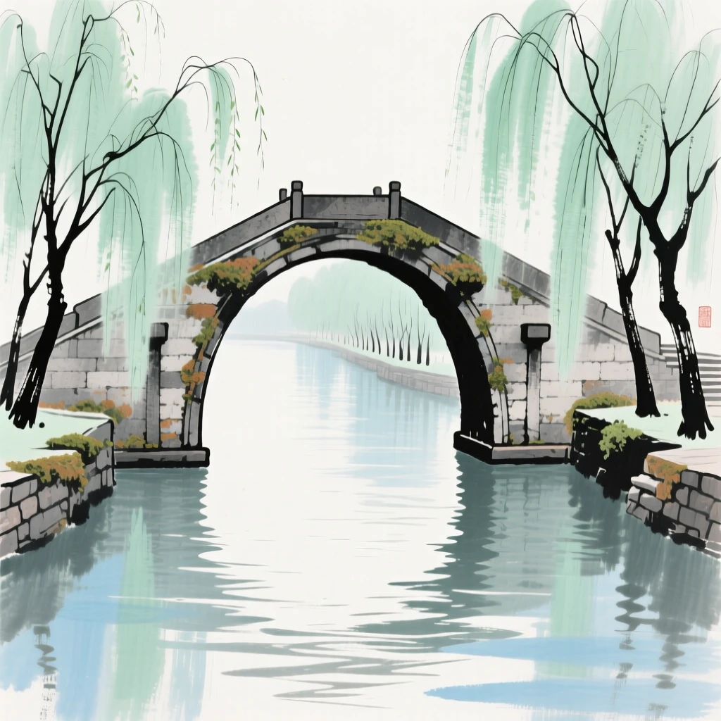 An arched stone bridge over a canal lined with willow trees, conveying a deep sense of harmony with nature.