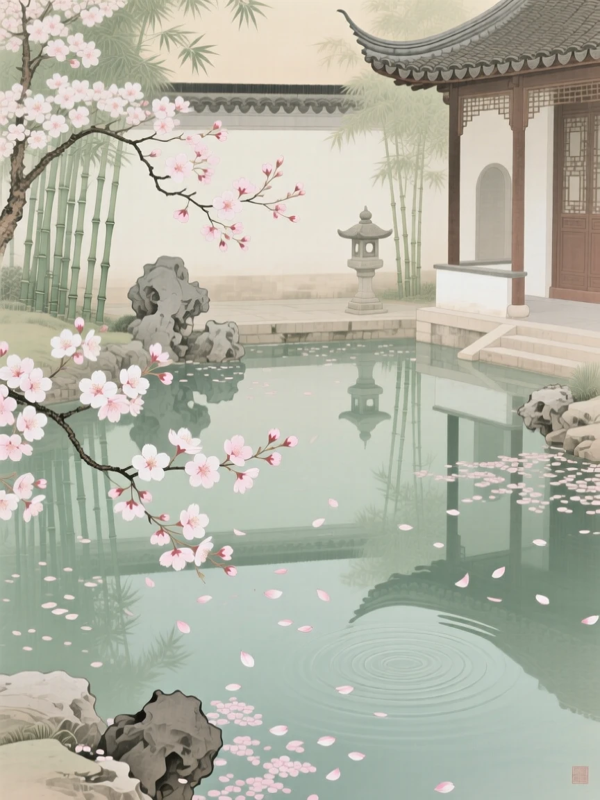 Cherry blossoms drifting onto a still pond reflected in the still water of a courtyard pond