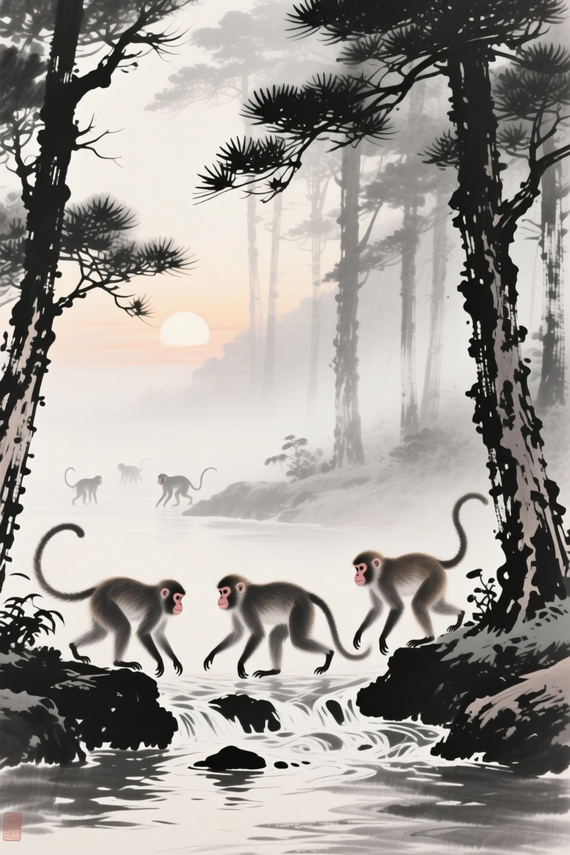 A troop of monkeys crossing a shallow stream at first light in a misty pine forest, seen from a respectful distance within its natural surroundings, conveying quiet strength and natural grace.