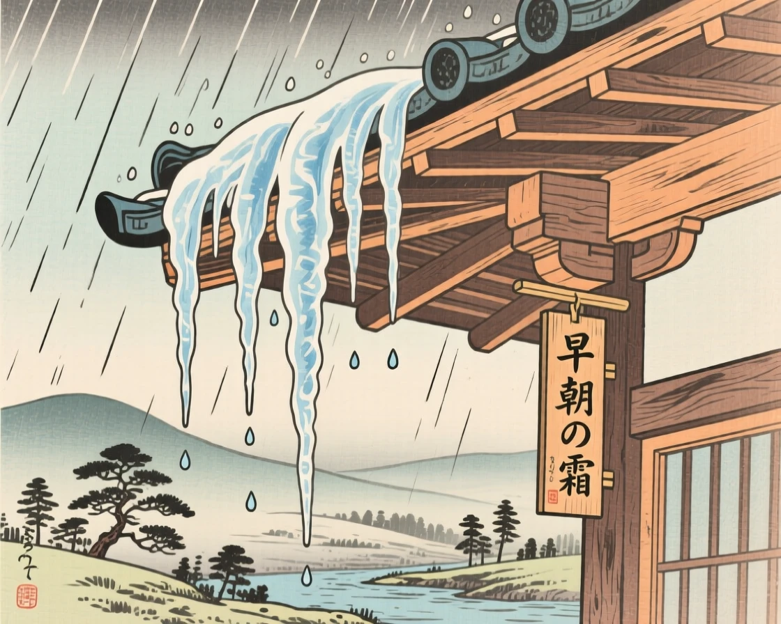 Icicles hanging from a wooden eave as gentle rain begins to fall.