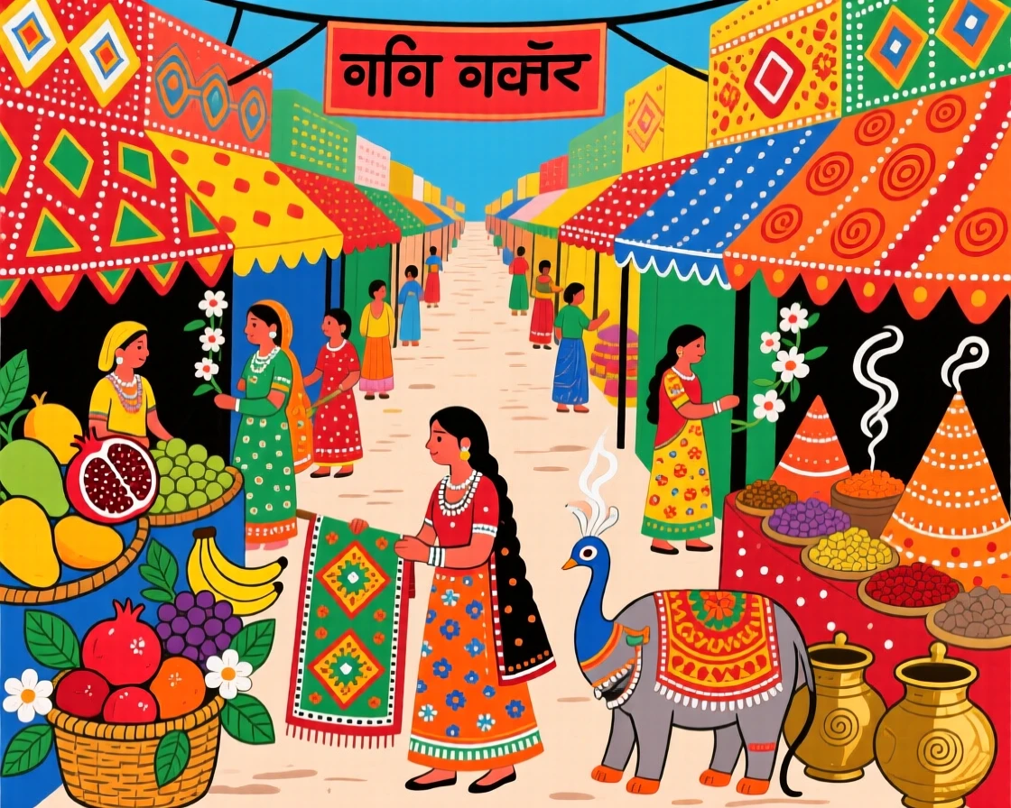 A street market bustling with vendors selling fruit, spices, and cloth.
