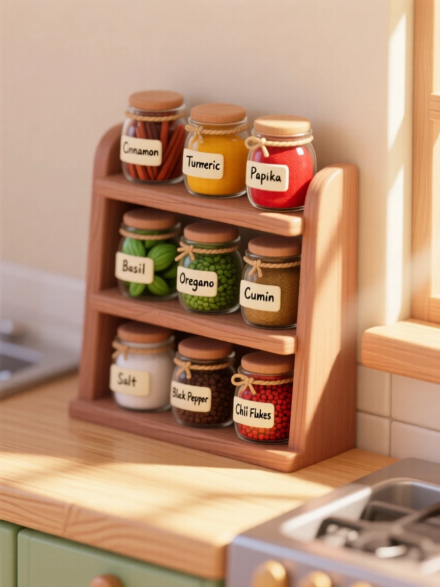 A cozy scene of organizing a spice rack in a warm kitchen, small jars labeled neatly, and sunlight catching the colorful powders inside.