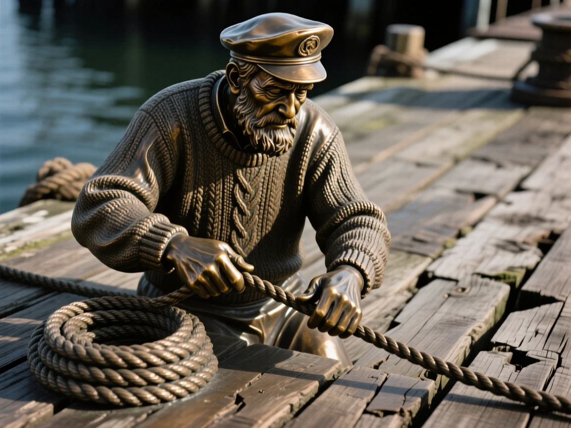 An old sailor coiling rope on a weathered dock, framed by soft, dramatic shadows, forming a strong central focal point