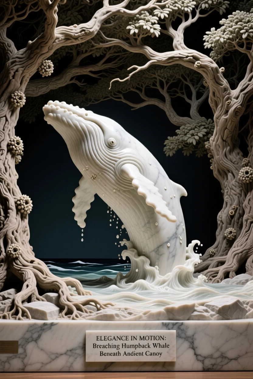 A breaching humpback whale captured in a powerful, dignified pose beneath a canopy of ancient trees