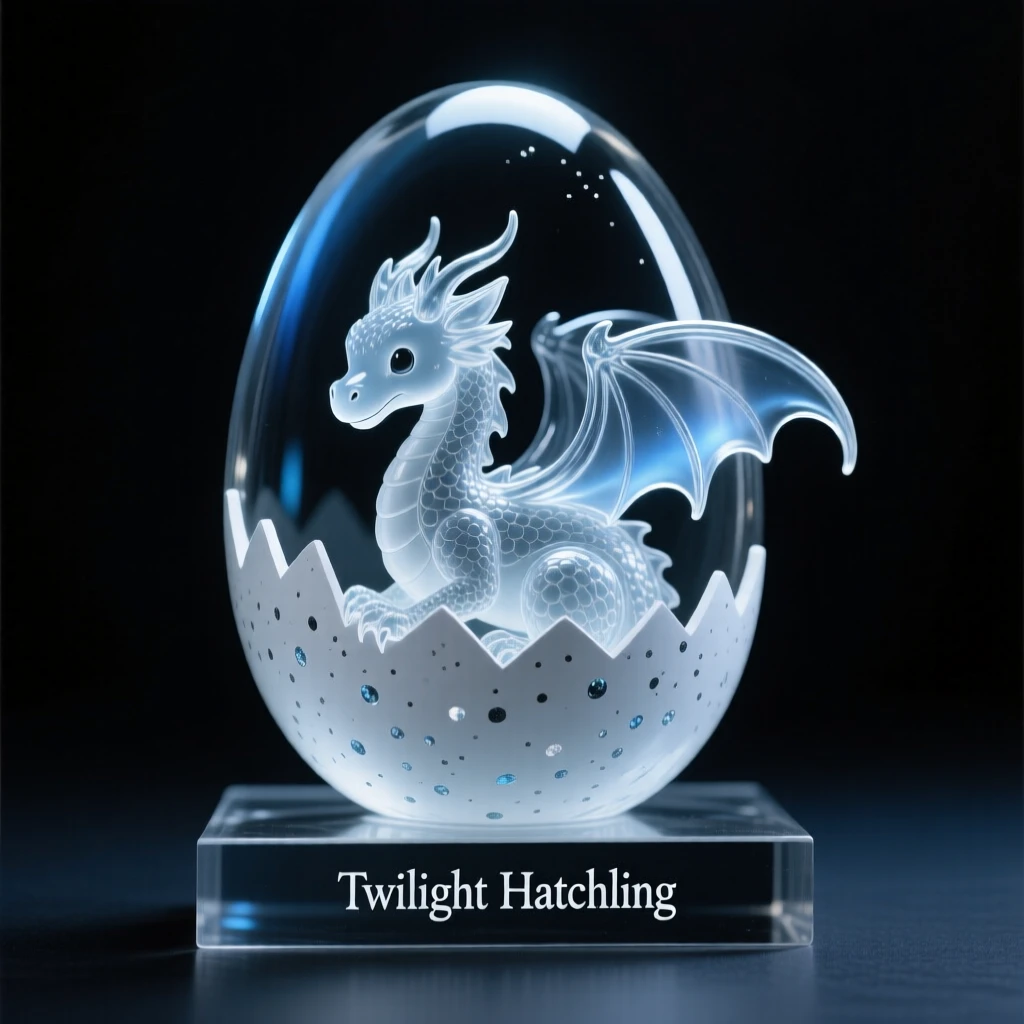 A baby dragon hatching from a speckled egg under a twilight sky filled with two moons, atmospheric fog rolling through the scene, feeling mysterious and enchanting.