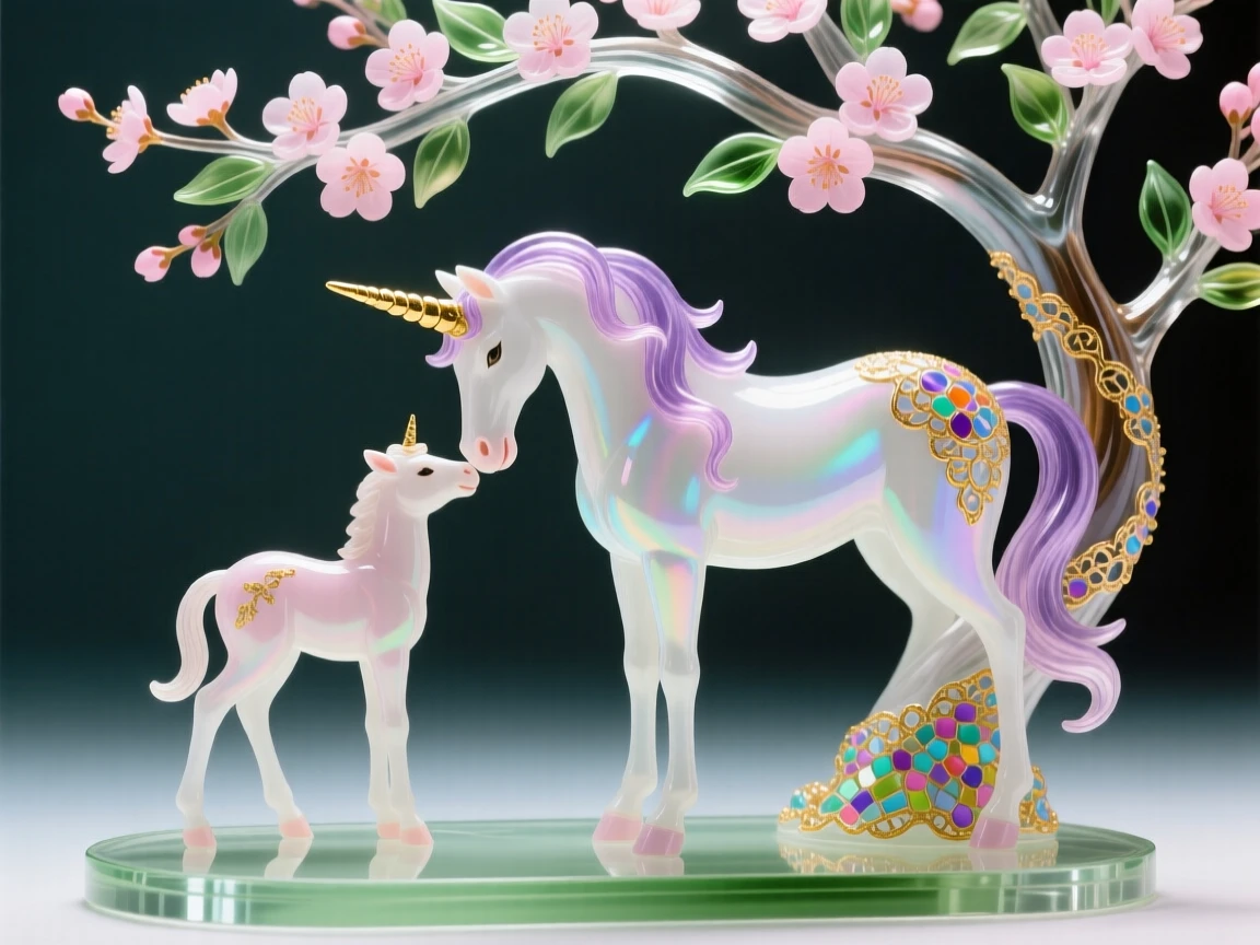 A unicorn foal nuzzling its mother beneath a blossoming tree, tender and pure.