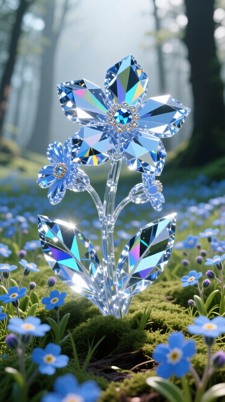 A meadow of wild forget-me-nots carpeting a shaded forest clearing.