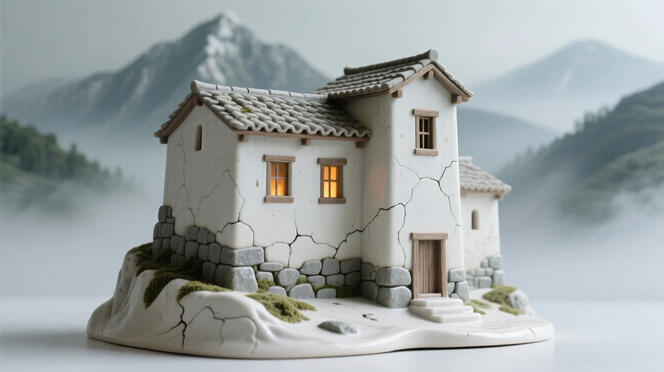 A mountain monastery wreathed in mist rising quietly above a still landscape, its windows glowing warmly from within, stirring a sense of history and enduring beauty.