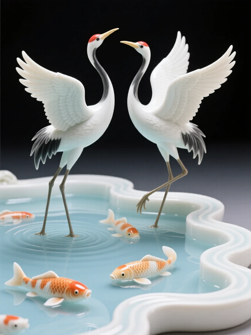 A pair of cranes gliding together across a still pond beside an ornamental koi pool.