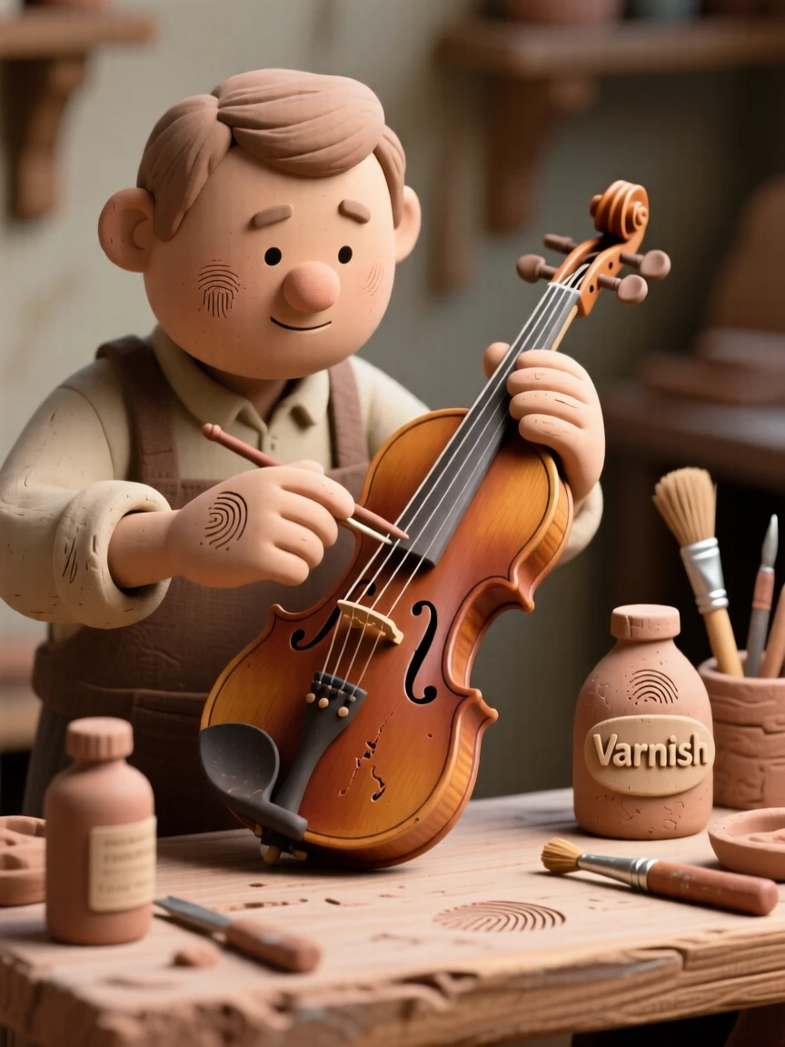 A violin maker carefully varnishing a finished instrument