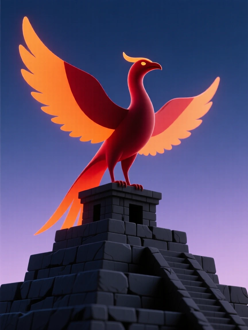 A powerful phoenix guardian perches atop an ancient temple, wings glowing ember-orange against a twilight sky.