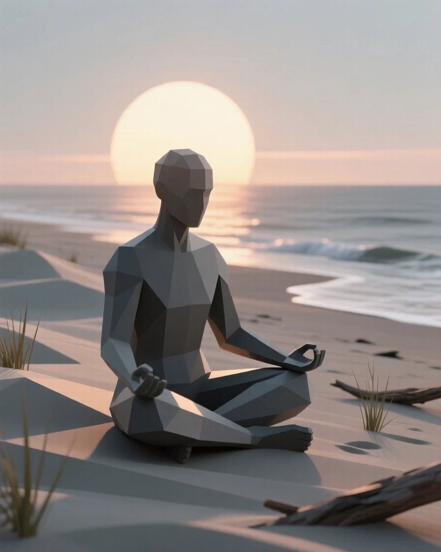 A person meditating quietly at sunrise, on a windswept beach at dawn. soft backlighting creates a warm, glowing silhouette. A wave of nostalgia fills the moment.