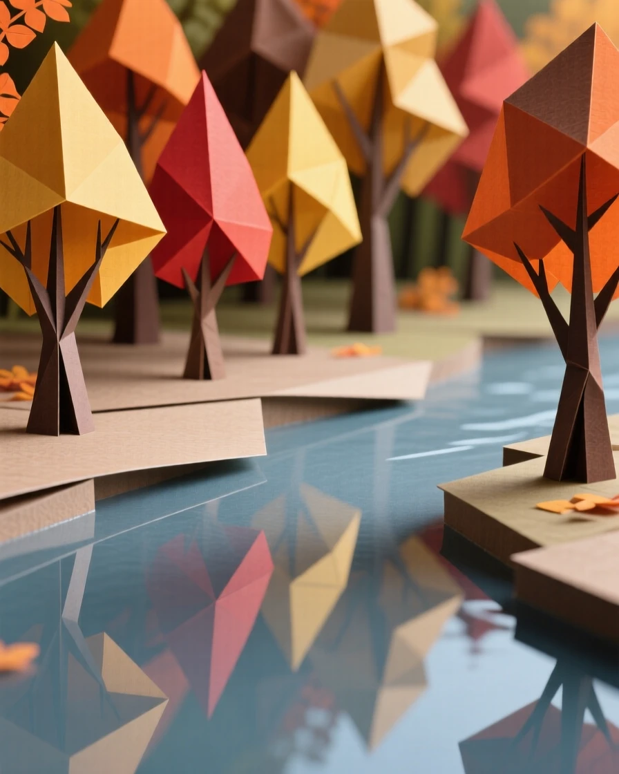 A tranquil riverside forest in full autumn color reflected perfectly in still water.