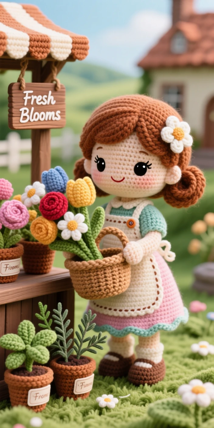 a little girl florist, with a basket brimming with fresh blooms, arranging a bouquet at a small market stall, in a quiet countryside cottage garden, with a potted herb garden on the sill nearby, conveying quiet contentment in simple daily work.