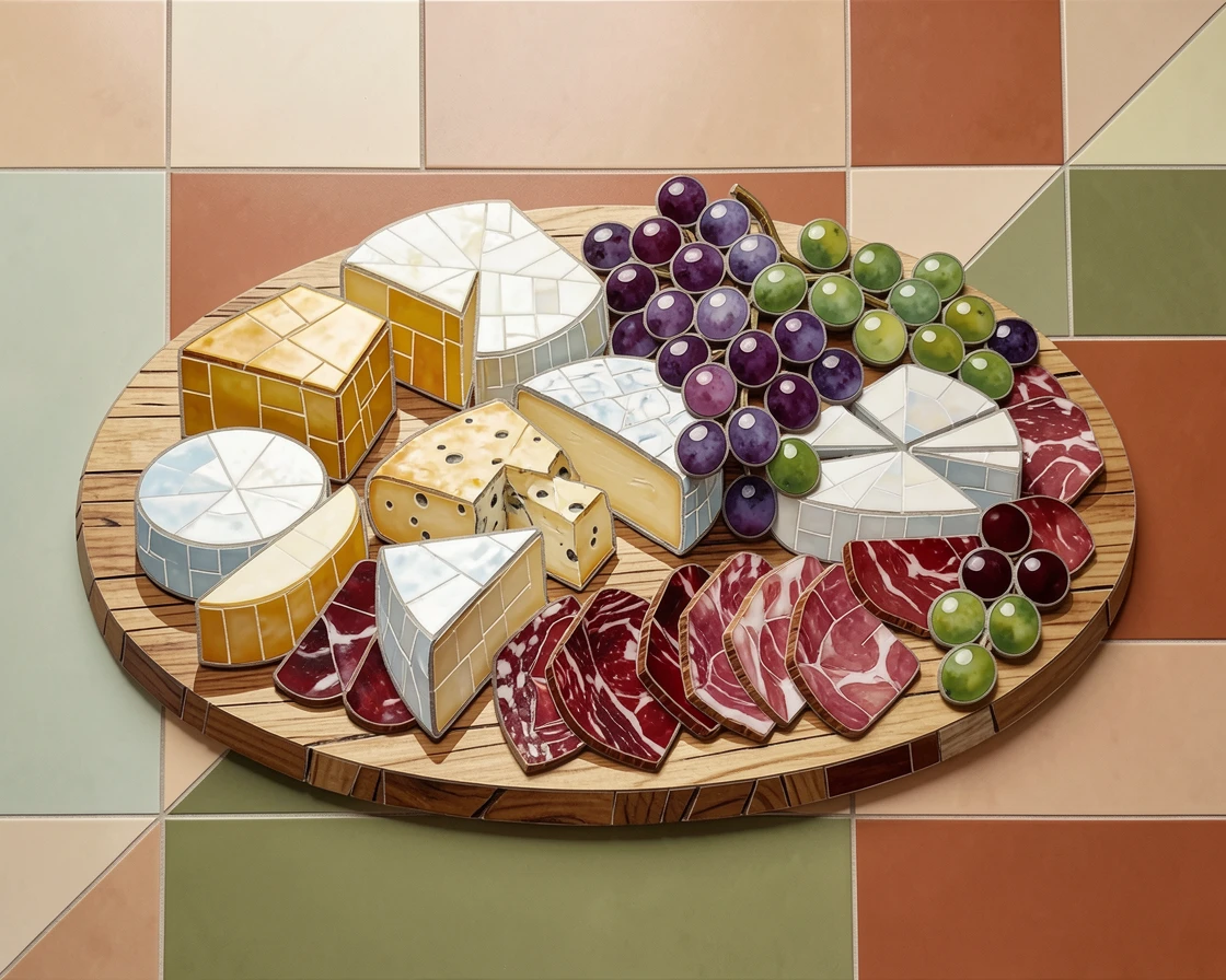 A rich charcuterie board with cheeses, grapes, and cured meats.