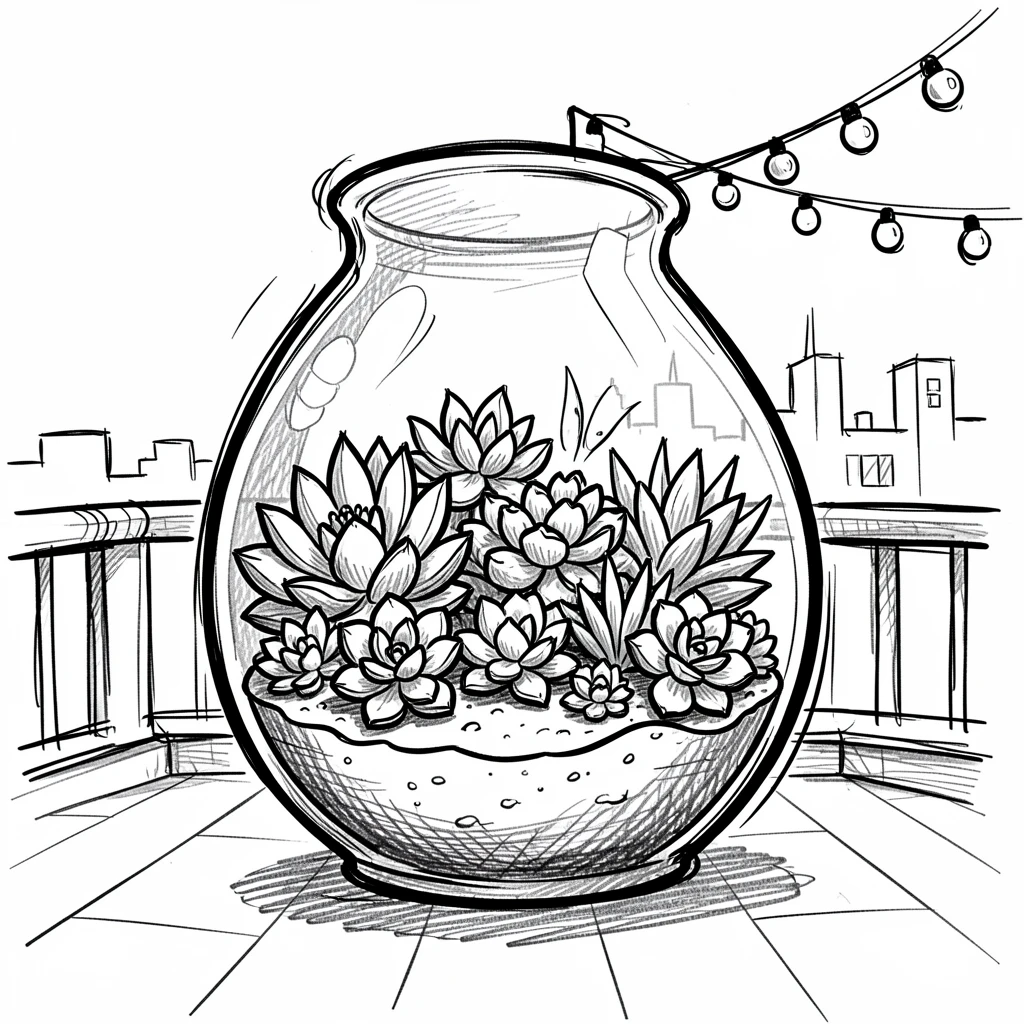 A terrarium with tiny succulents in a rooftop garden.