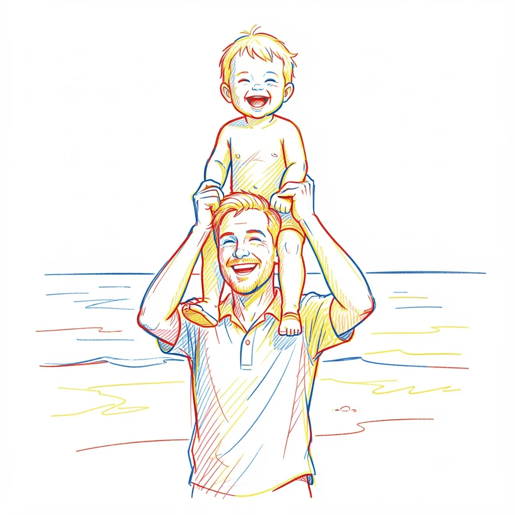 A father lifting his laughing toddler onto his shoulders at the beach