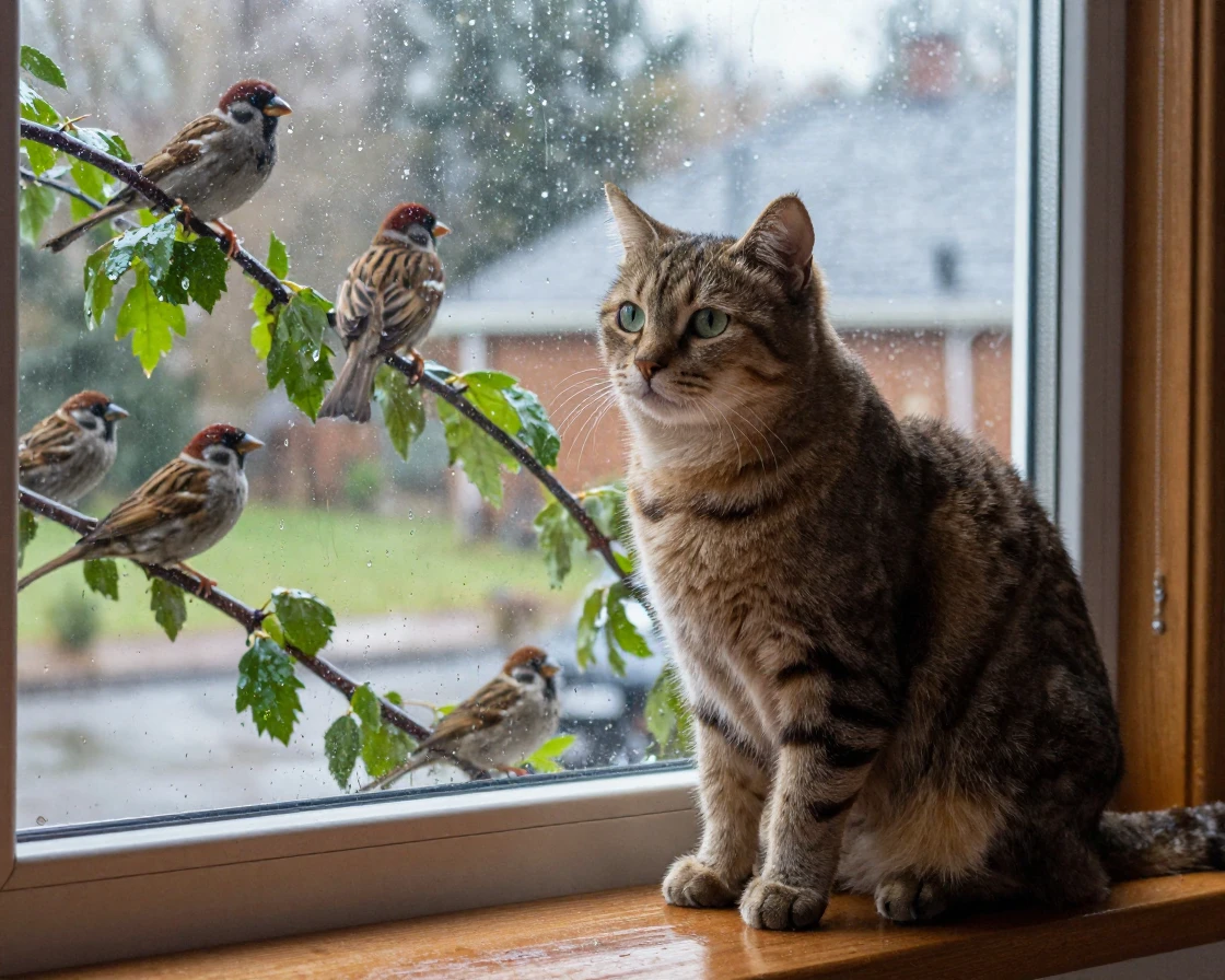 A cat watching birds through a rainy window