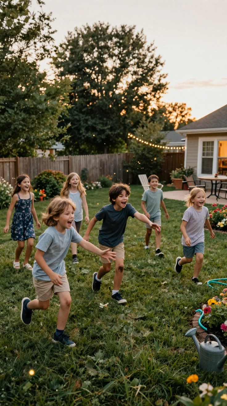 A group of children chases fireflies across a backyard on a warm summer evening.