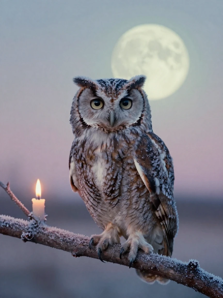 An owl perched silently on a moonlit branch, under flickering candlelight, with frost coating every surface, in the height of summer, in soft muted pastels, in a tight close-up.