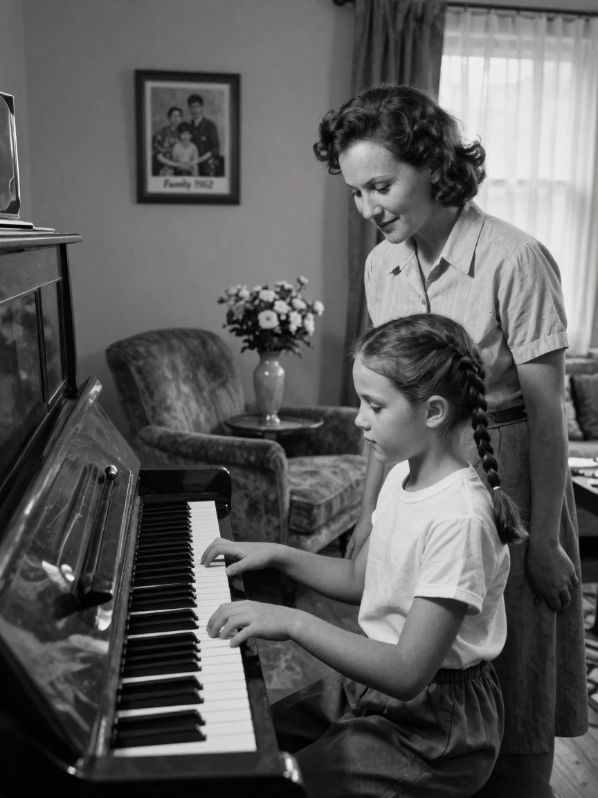 A young girl practices piano under her mother's watch in a modest living room.
