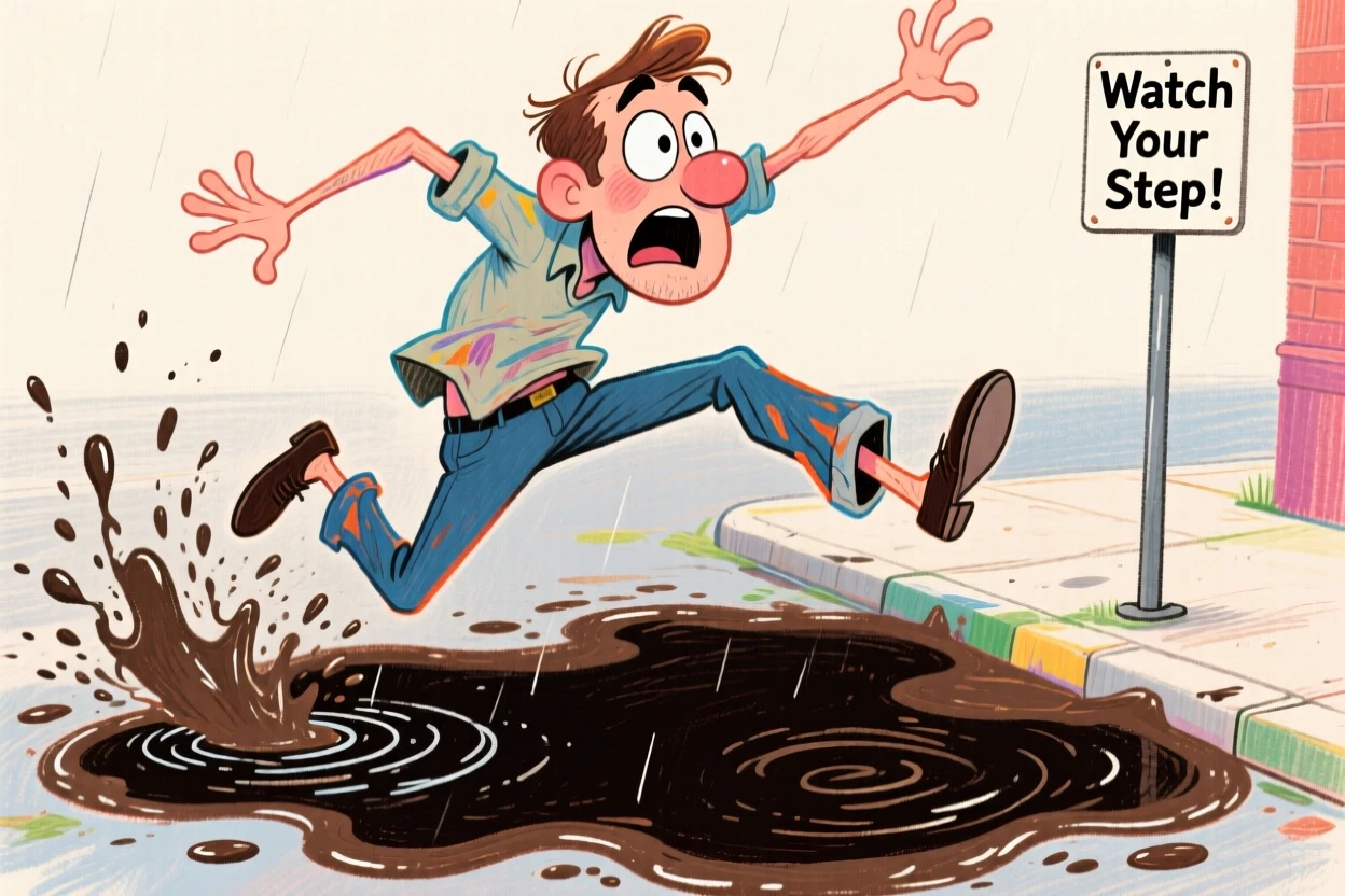 A man caught mid-jump trying to avoid stepping in a puddle.