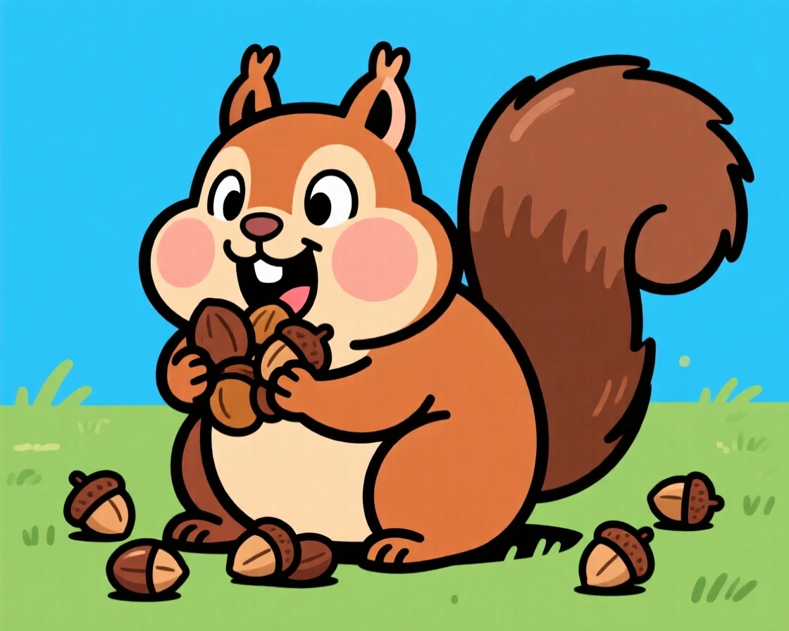 A charming animal moment featuring a chubby squirrel stuffing its cheeks so full of acorns it can barely close its mouth.