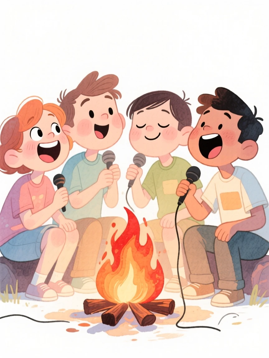 A group of four best friends singing together around a campfire