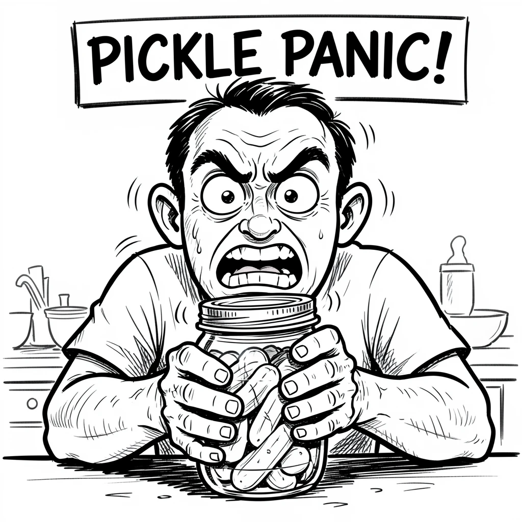 [Funny & Exaggerated Situations] Comical scene of a person struggling comically to open a stubborn jar of pickles, exaggerated for maximum laughs