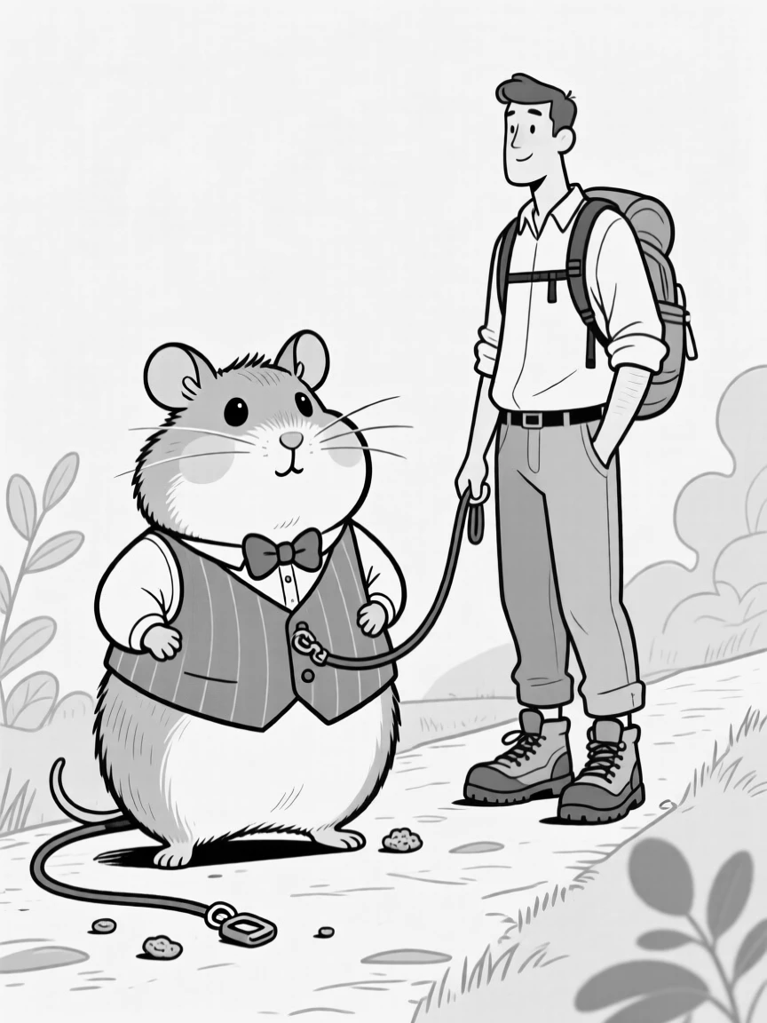 A fat hamster stuffing its cheeks impossibly full, modeling its outfit with obvious pride, set next to its towering owner on a walking trail. A tiny leash trails uselessly behind. It's an irresistibly charming slice of animal personality.
