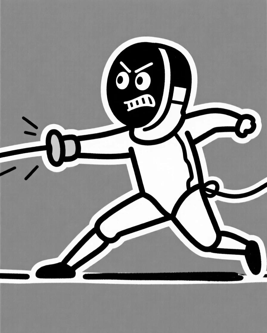 A fencer lunging forward mid-match, foil extended toward an opponent.