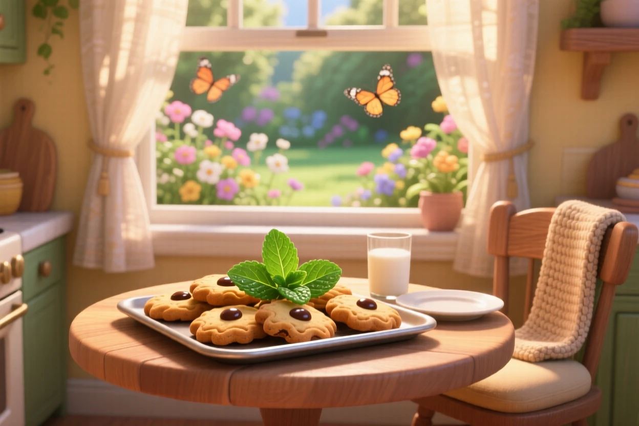 A tray of freshly baked cookies sits at a small table overlooking a garden, garnished with a sprig of fresh mint. A cheerful, mouthwatering warmth surrounds the dish.