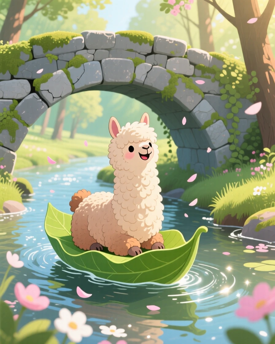 A shaggy alpaca is riding a leaf boat down a stream in a stone bridge over a creek, with petals drifting gently down.