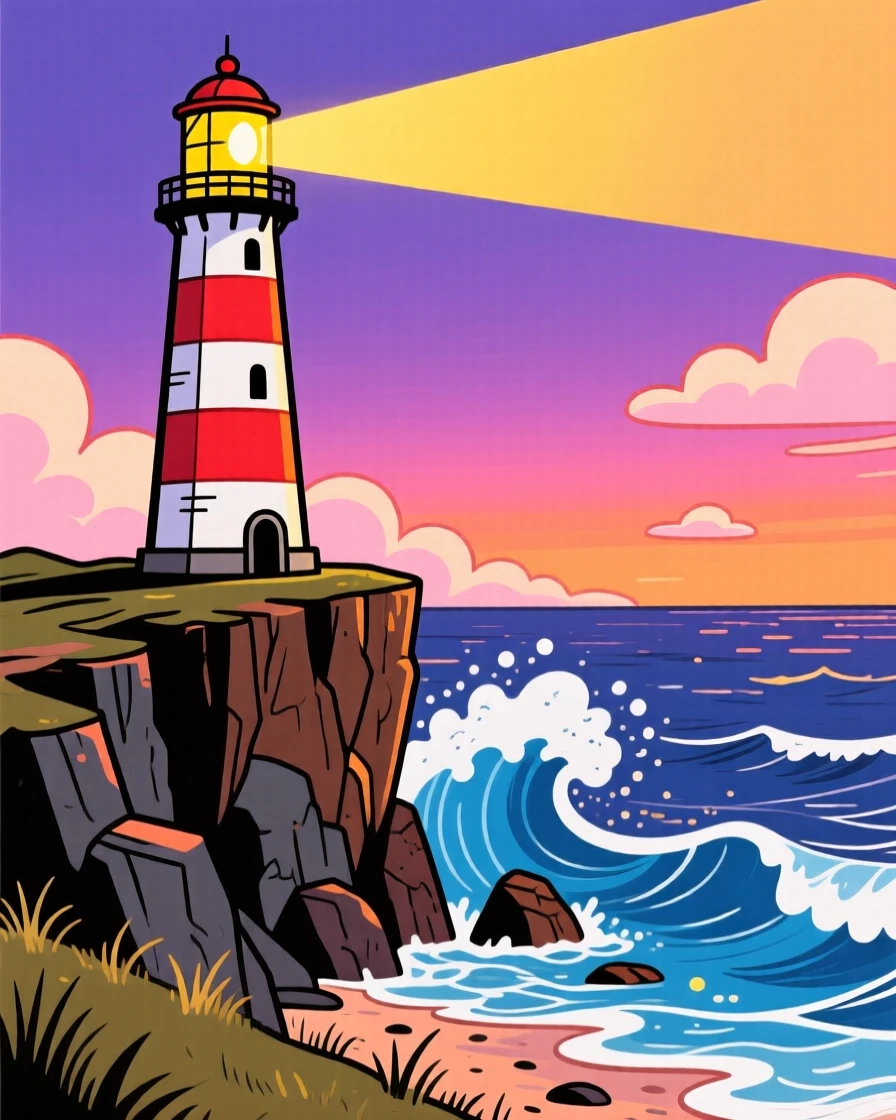A lighthouse standing on a cliff as waves crash below at dusk.