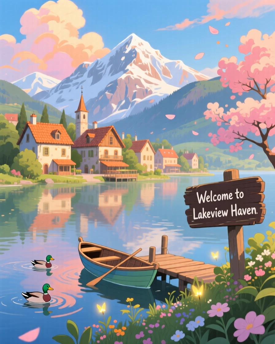 A scenic view of a lakeside resort town backed by snow-capped peaks, with terracotta rooftops catching the afternoon light.